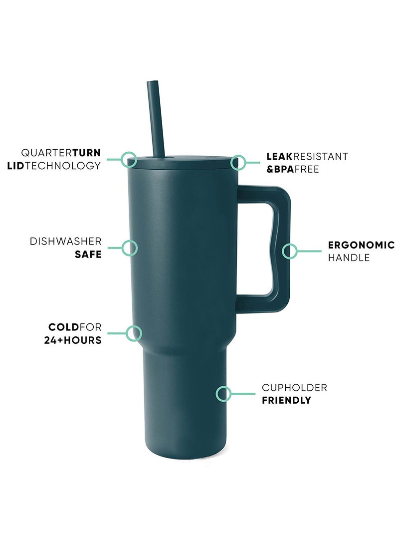 Popular Style Mug with Handle. Stainless Steel Tumbler with Lid and Straw Insulated Travel Mug with Handle Keeps Drinks Cold Fits in Car Cup Holders 40oz Dark green