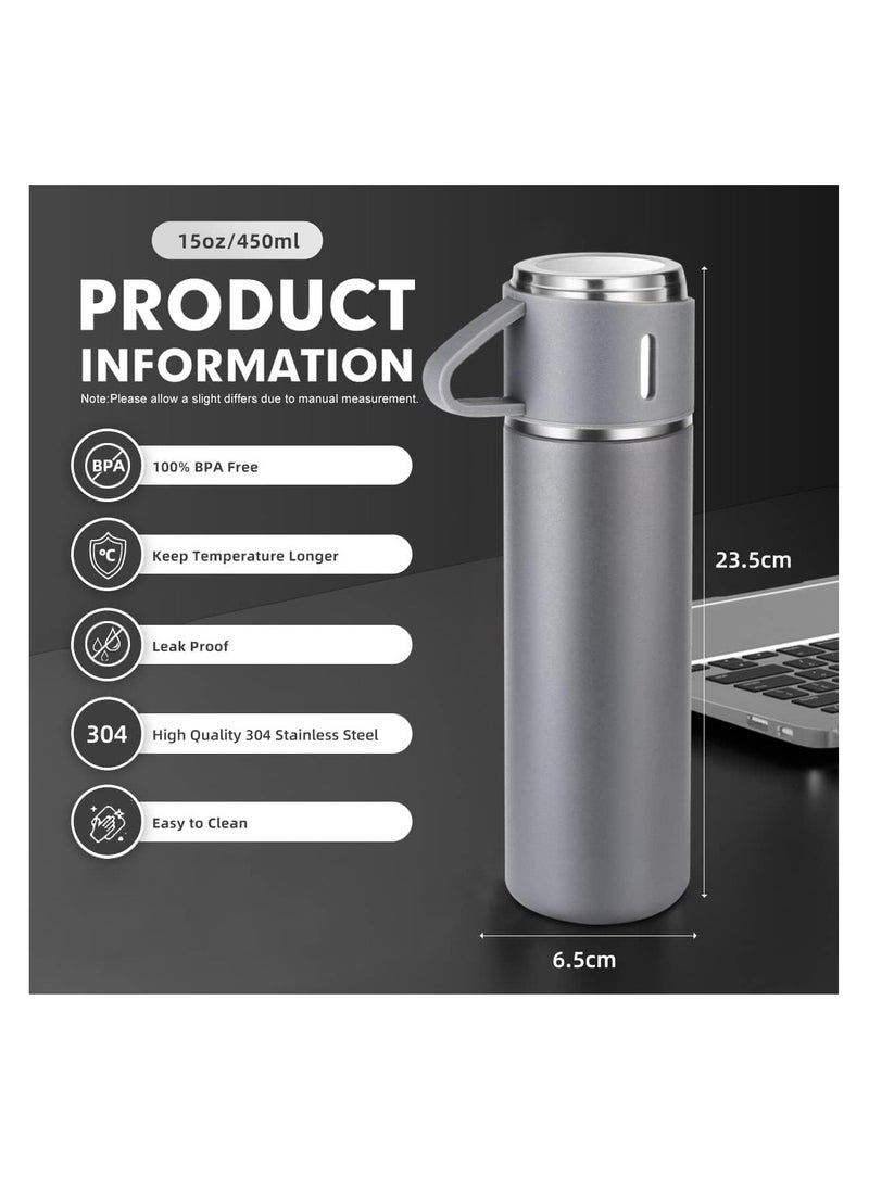 Liying Coffee Thermos Stainless Steel Vacuum-Insulated Water Bottle, 500ml/16.9oz Insulated Bottle with Cup for Hot u0026 Cold Drink Travel Mug (Grey, Three Cup)