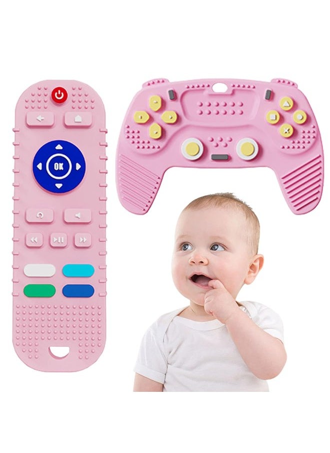 2PCS Silicone Baby Teething Toys Remote Control, Remote Control & Game Controller Silicone Teething Toy for Babies 6-12 Months (Pink)