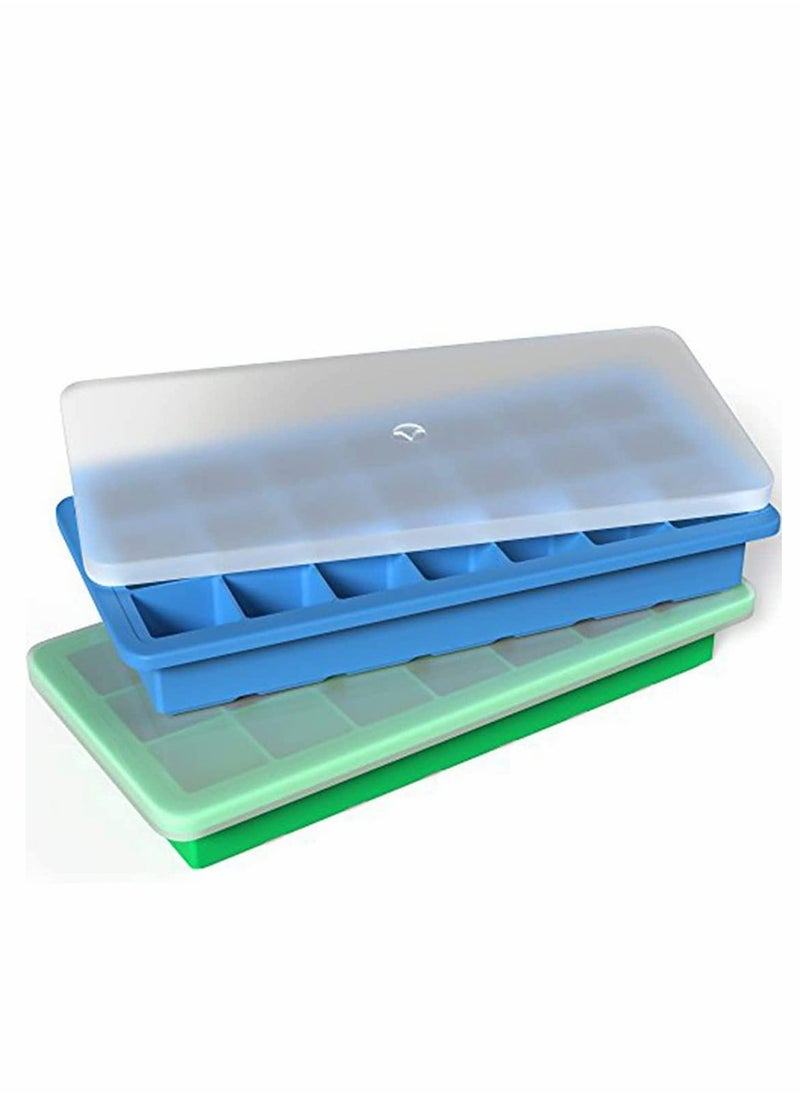 Silicone Ice Cube Trays with Plastic Lids - Set of 2 with 42 Small Square Cubes - Covered Easy Pop Push Release Rubber Mold for Cocktails Dog Treats Water Bottles - Blue Green