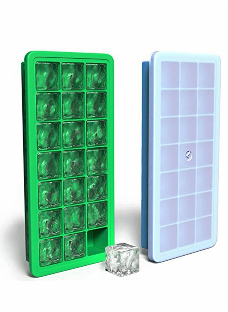 Silicone Ice Cube Trays with Plastic Lids - Set of 2 with 42 Small Square Cubes - Covered Easy Pop Push Release Rubber Mold for Cocktails Dog Treats Water Bottles - Blue Green