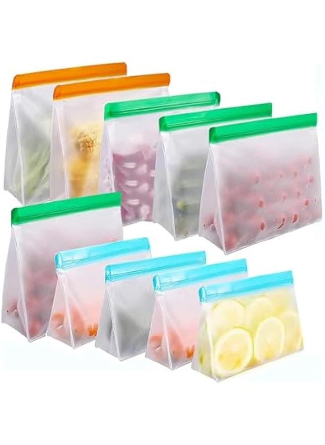 Reusable Freezer Bags 10 Pack, Stand Up Reusable Food Storage Bags for Food Leakproof, 2 Gallon Bags + 4 Sandwich Bags + 4 Snack Reusable Freezer Bags for Kitchen Meat Fruit Cereal