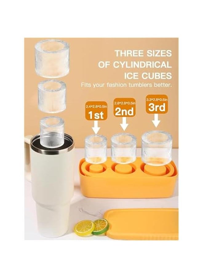 Durku Ice Cube Tray for Tumbler Cup,3 Pcs Silicone Cylinder Ice Mold with Lid and Bin for Freezer,for Chilling Drink,Juice,Whiskey,Cocktail,Coffee,Easy Fill and Release Ice Maker,Summer Gifts (Yello