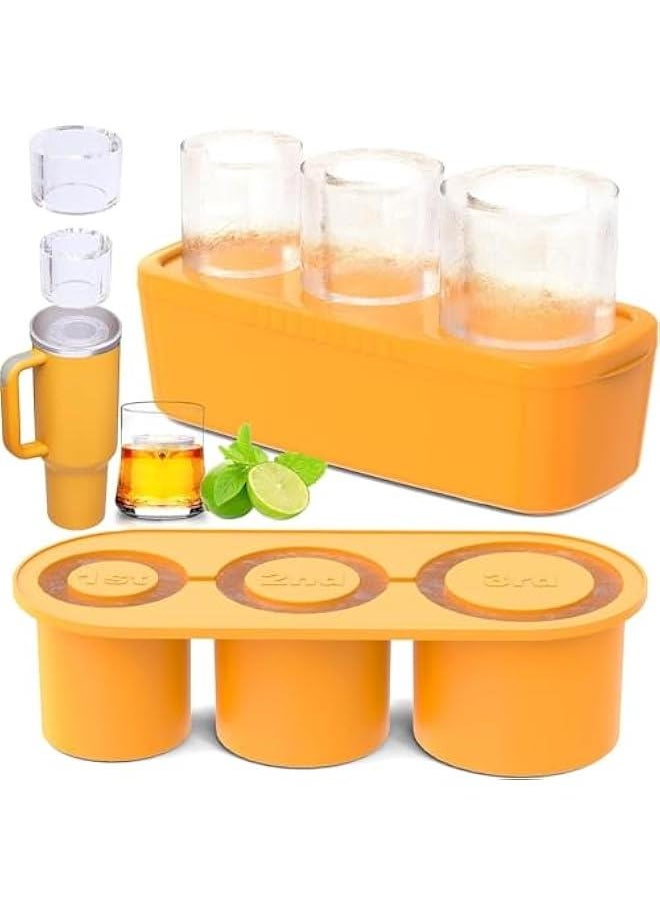 Durku Ice Cube Tray for Tumbler Cup,3 Pcs Silicone Cylinder Ice Mold with Lid and Bin for Freezer,for Chilling Drink,Juice,Whiskey,Cocktail,Coffee,Easy Fill and Release Ice Maker,Summer Gifts (Yello