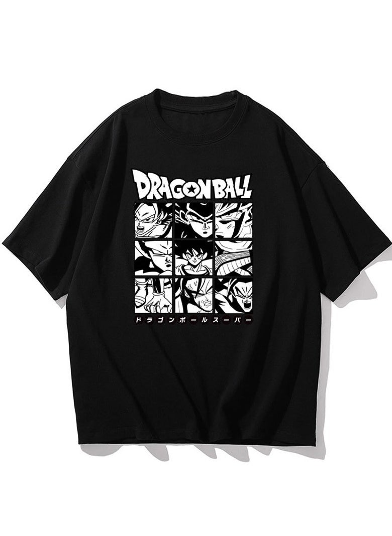 Black And White Dragon Ball Nine Palace Grid Casual Round Neck Short Sleeved Shirt