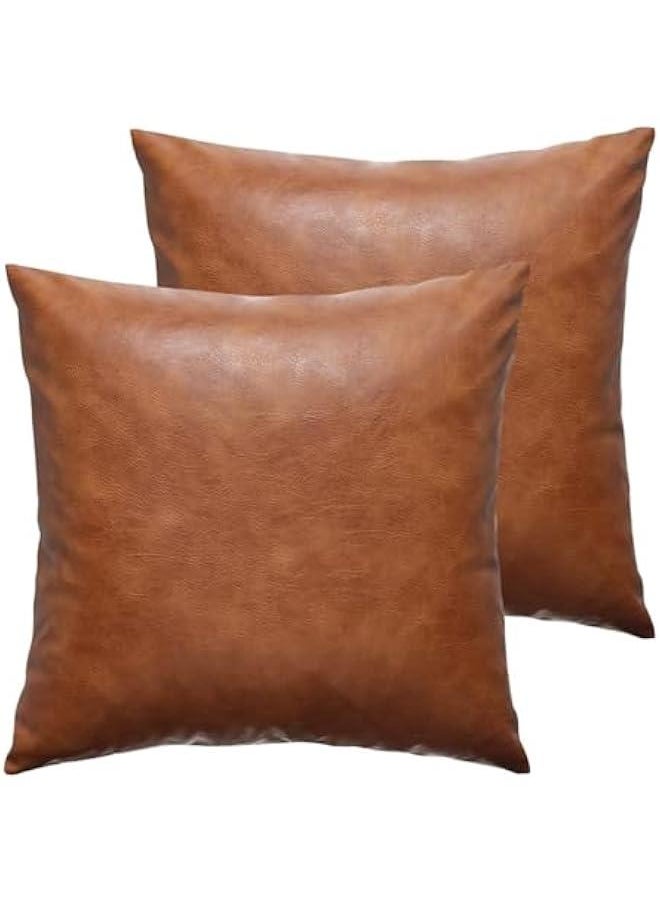 Faux Leather Throw Pillow Covers Set of 2 Brown Outdoor Modern Farmhouse Solid Decorative Pillow Covers for Room Couch Living Bedroom Bed Sofa (45X45cm)