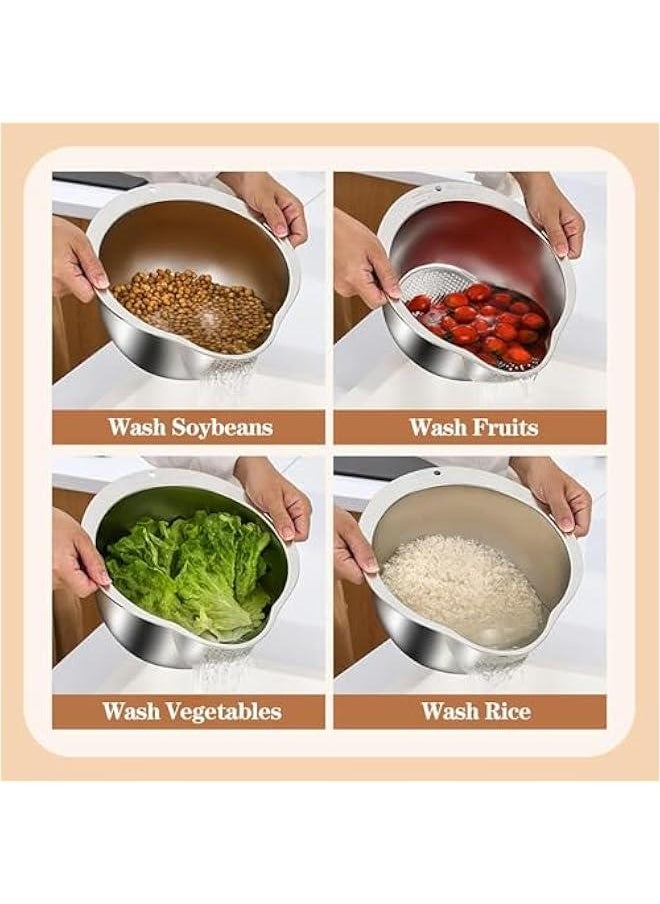 Durku Rice Washer Strainer Bowl - 4-in-1 Washing Bowl for Quinoa, Stainless Steel Rinser With Side Drainers Small Colander for Cleaning Fruits, Vegetables, and Beans - Versatile Kitchen Tool