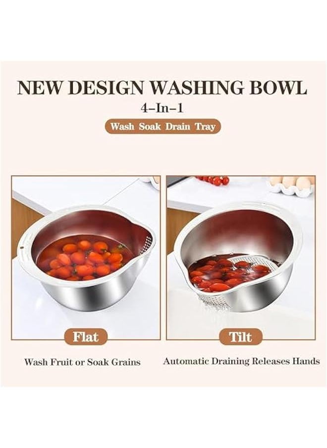 Durku Rice Washer Strainer Bowl - 4-in-1 Washing Bowl for Quinoa, Stainless Steel Rinser With Side Drainers Small Colander for Cleaning Fruits, Vegetables, and Beans - Versatile Kitchen Tool