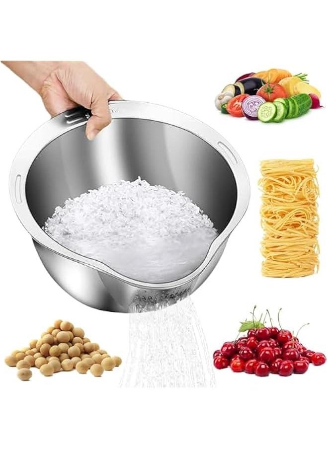 Durku Rice Washer Strainer Bowl - 4-in-1 Washing Bowl for Quinoa, Stainless Steel Rinser With Side Drainers Small Colander for Cleaning Fruits, Vegetables, and Beans - Versatile Kitchen Tool