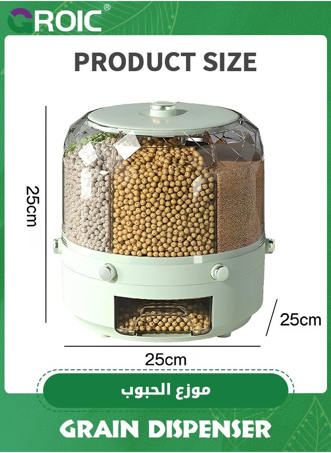 Grain Storage Container,Grain Dispenser, 6-Grid 360° Rotating Rice Dispenser with Airtight Lid, Food Storage Container for Rice, Beans, and Cereal, Kitchen Dispenser Keeper for Grains Beans Corns