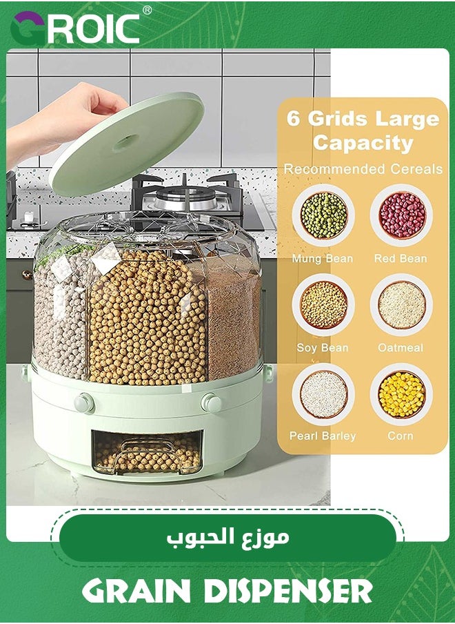 Grain Storage Container,Grain Dispenser, 6-Grid 360° Rotating Rice Dispenser with Airtight Lid, Food Storage Container for Rice, Beans, and Cereal, Kitchen Dispenser Keeper for Grains Beans Corns