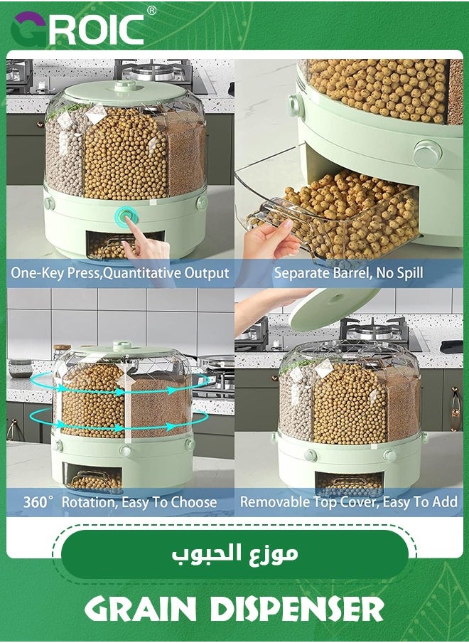 Grain Storage Container,Grain Dispenser, 6-Grid 360° Rotating Rice Dispenser with Airtight Lid, Food Storage Container for Rice, Beans, and Cereal, Kitchen Dispenser Keeper for Grains Beans Corns