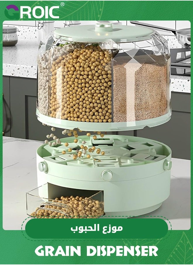 Grain Storage Container,Grain Dispenser, 6-Grid 360° Rotating Rice Dispenser with Airtight Lid, Food Storage Container for Rice, Beans, and Cereal, Kitchen Dispenser Keeper for Grains Beans Corns