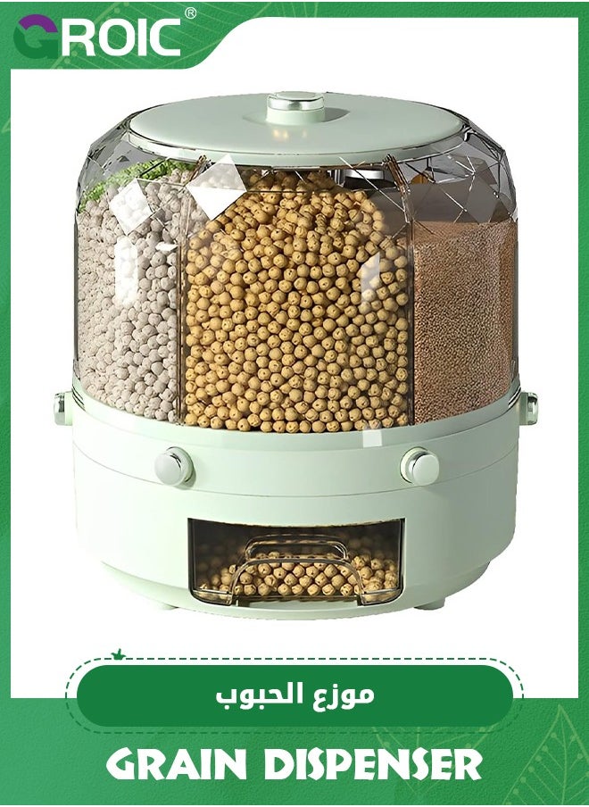 Grain Storage Container,Grain Dispenser, 6-Grid 360° Rotating Rice Dispenser with Airtight Lid, Food Storage Container for Rice, Beans, and Cereal, Kitchen Dispenser Keeper for Grains Beans Corns