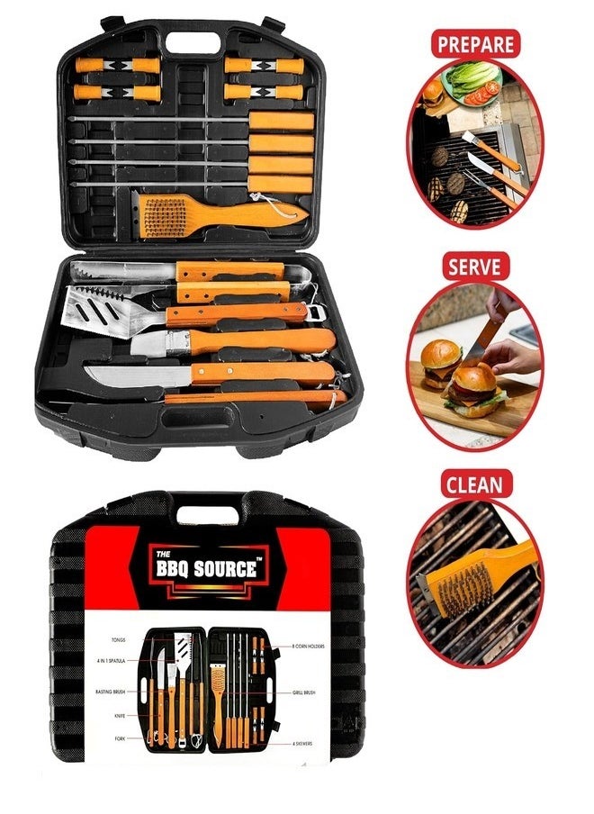 BBQ Grilling Tool Set 18 Piece Stainless Steel Wood Handle Durable Storage Carry Case