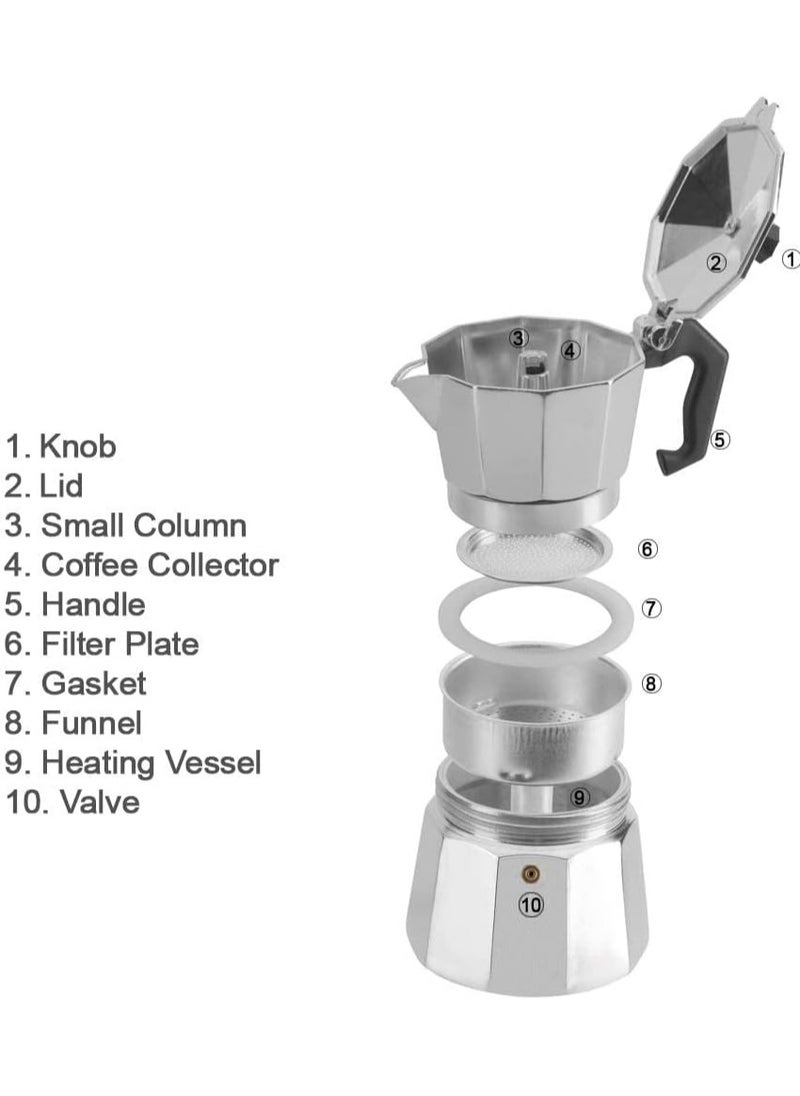 Stovetop Aluminum Silver Espresso Maker, Moka stove coffee maker, Moka Pot Coffee Maker for Gas or Electric Stove Top, Classic Italian Coffee Maker, 6 Cup (300Ml))