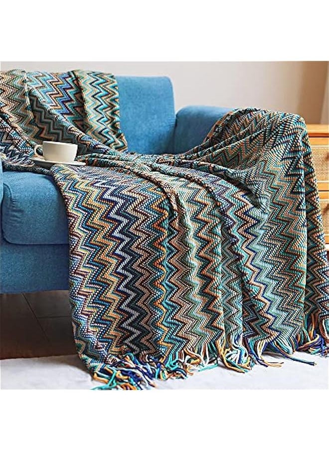 Bohemian Boho Throw Blankets, Knitted with Tassel, Outdoor Reversible Soft Cozy Lightweight Throw Blankets, Couch Bed Sofa Decorative Throw Blanket (BlUE, 130x200CM)