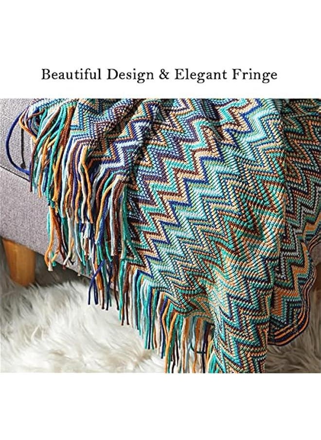 Bohemian Boho Throw Blankets, Knitted with Tassel, Outdoor Reversible Soft Cozy Lightweight Throw Blankets, Couch Bed Sofa Decorative Throw Blanket (BlUE, 130x200CM)