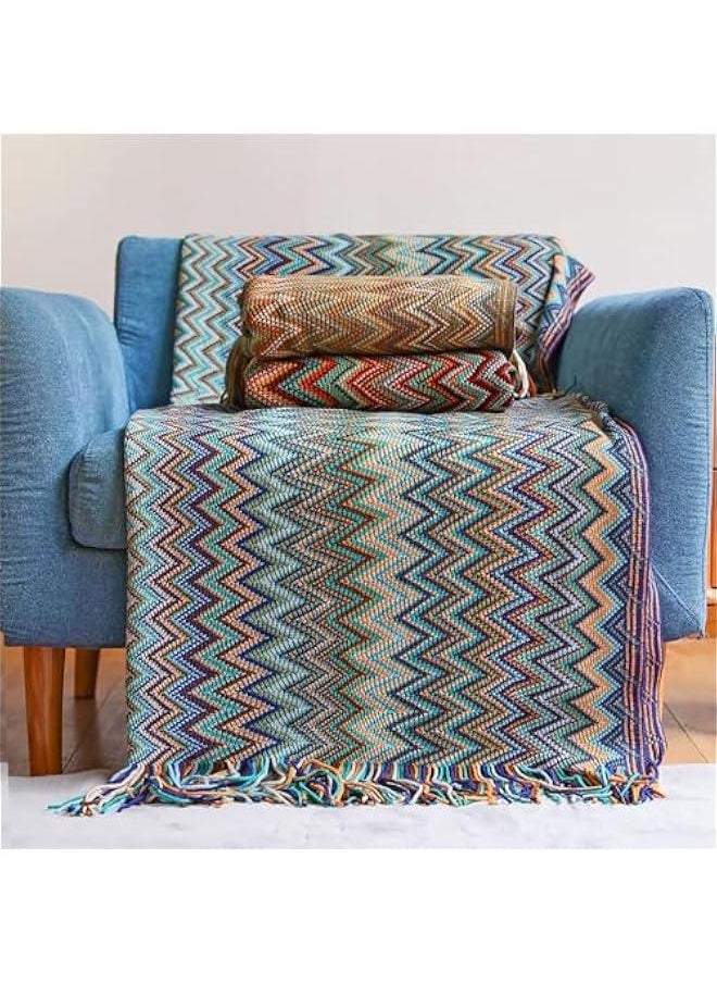 Bohemian Boho Throw Blankets, Knitted with Tassel, Outdoor Reversible Soft Cozy Lightweight Throw Blankets, Couch Bed Sofa Decorative Throw Blanket (BlUE, 127x152CM)