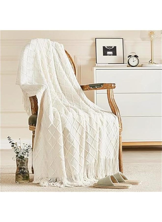 Knitted Throw Blankets for Couch and Bed, Soft Cozy Knit Blanket with Tassel, Lightweight Decorative Blankets and Throws, Farmhouse Warm Woven Blanket for Men and Women (White, 130x180CM)