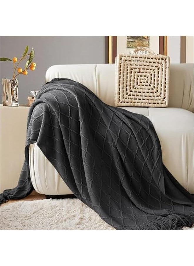 Knitted Throw Blankets for Couch and Bed, Soft Cozy Knit Blanket with Tassel, Off White Lightweight Decorative Blankets and Throws, Farmhouse Warm Woven Blanket,130 * 180cm (Dark gray)