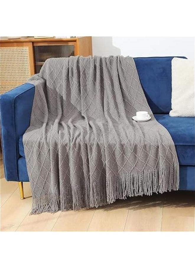 Knitted Throw Blankets for Couch and Bed, Soft Cozy Knit Blanket with Tassel, Off White Lightweight Decorative Blankets and Throws, Farmhouse Warm Woven Blanket,130 * 180cm (Dark gray)