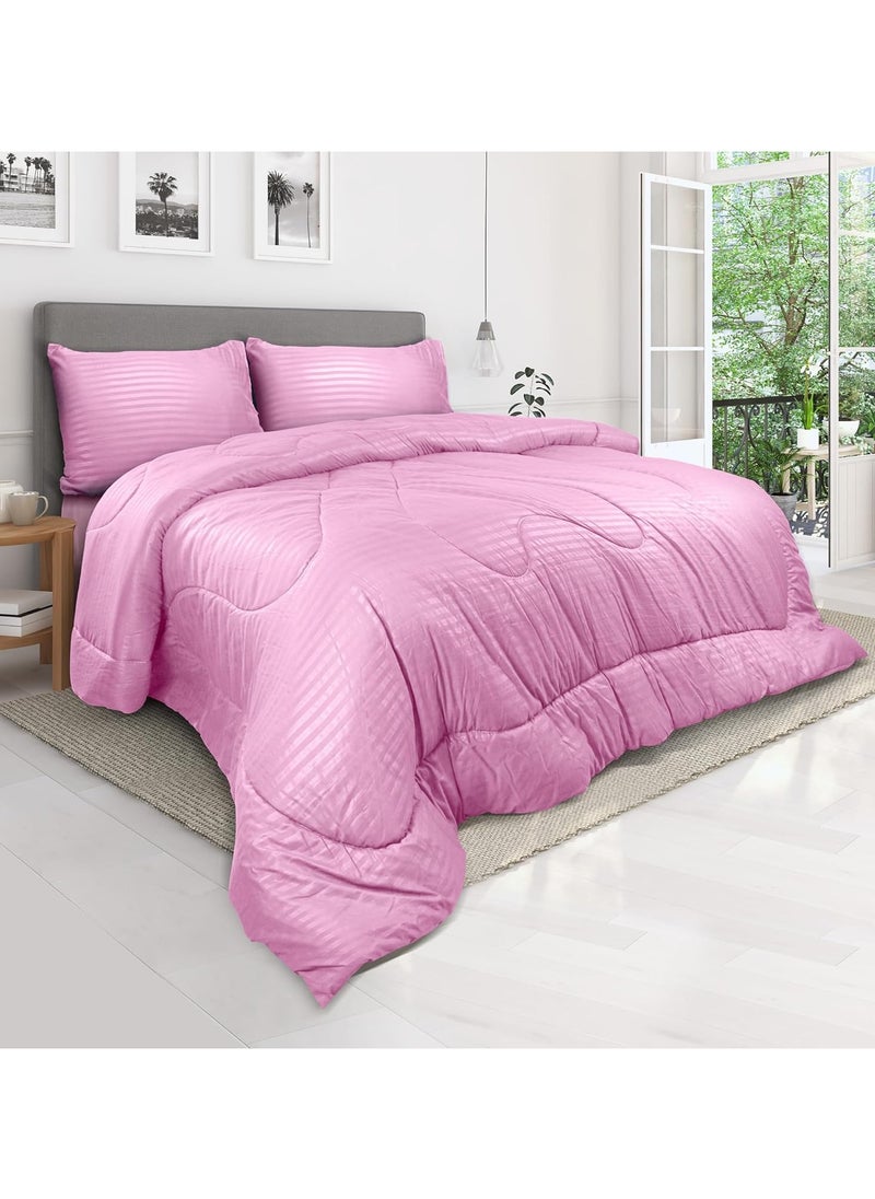 Down Alternative Comforter Set -Ultra Soft Brushed Stripe Microfiber Fabric, 200GSM Soft Fibersheet Filling, Size : Double 220 x 240cm, Color: Pink