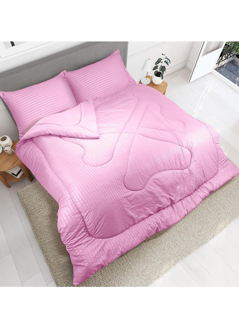 Down Alternative Comforter Set -Ultra Soft Brushed Stripe Microfiber Fabric, 200GSM Soft Fibersheet Filling, Size : Double 220 x 240cm, Color: Pink