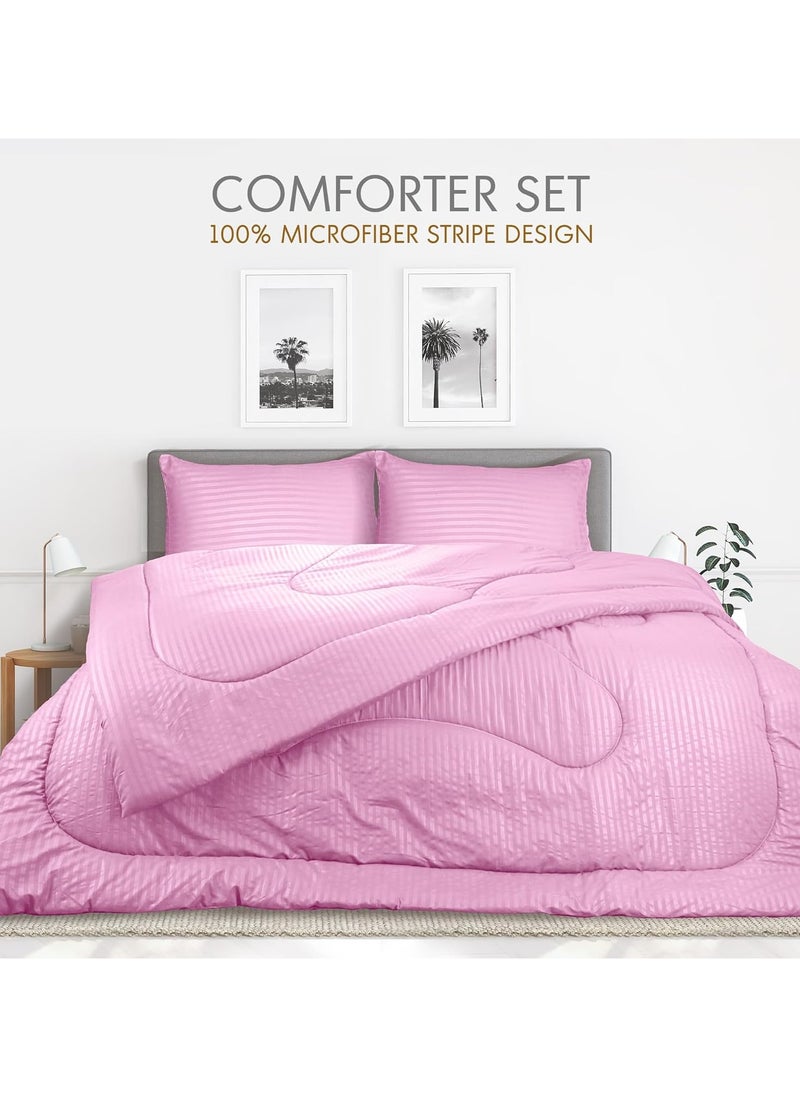 Down Alternative Comforter Set -Ultra Soft Brushed Stripe Microfiber Fabric, 200GSM Soft Fibersheet Filling, Size : Double 220 x 240cm, Color: Pink