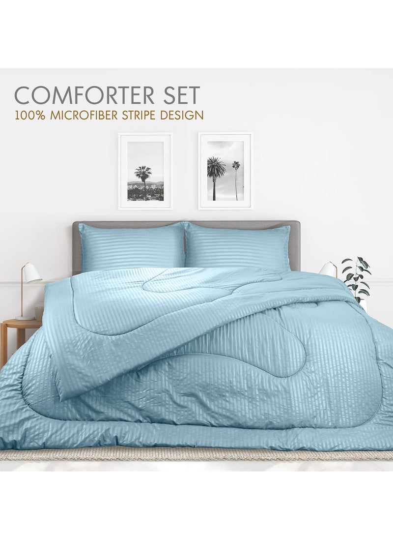 Down Alternative Comforter Set -Ultra Soft Brushed Stripe Microfiber Fabric, 200GSM Soft Fibersheet Filling, Size : Double 220 x 240cm, Color: Aqua