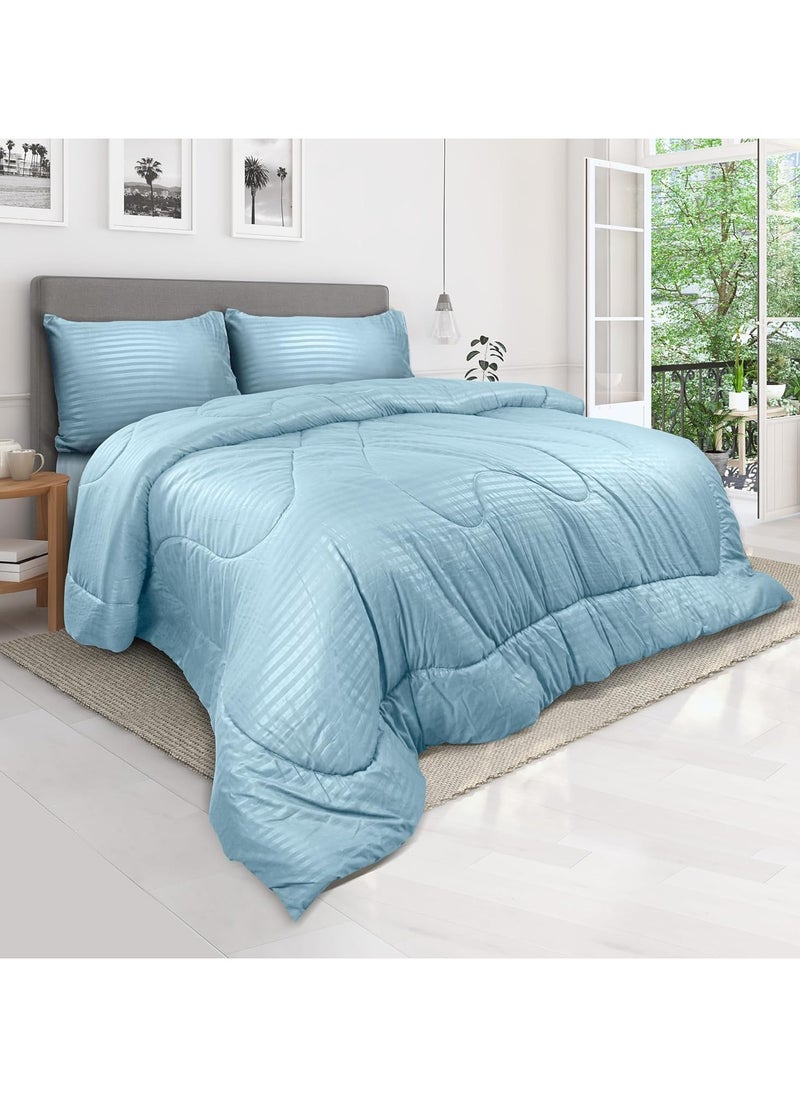 Down Alternative Comforter Set -Ultra Soft Brushed Stripe Microfiber Fabric, 200GSM Soft Fibersheet Filling, Size : Double 220 x 240cm, Color: Aqua