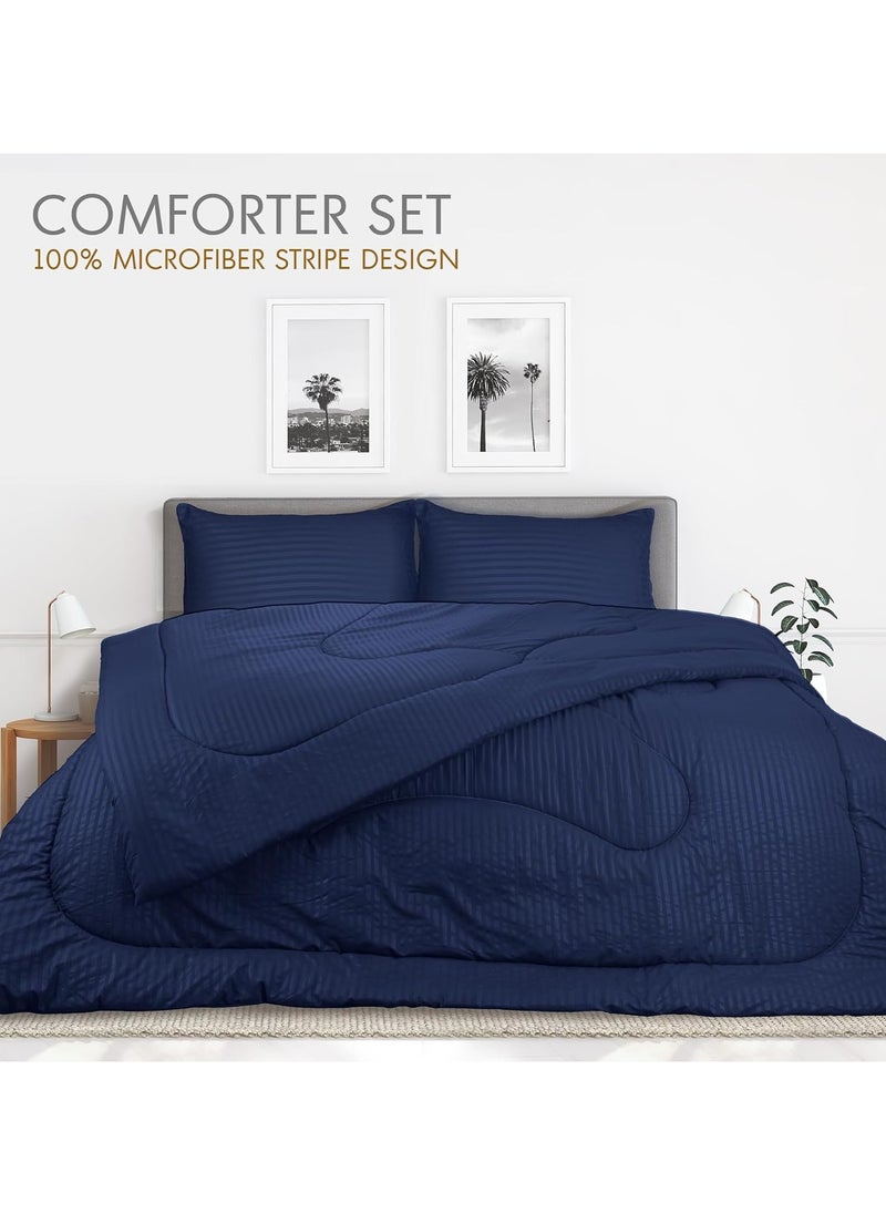 Down Alternative Comforter Set -Ultra Soft Brushed Stripe Microfiber Fabric, 200GSM Soft Fibersheet Filling, Size : Double 220 x 240cm, Color: Navy Blue