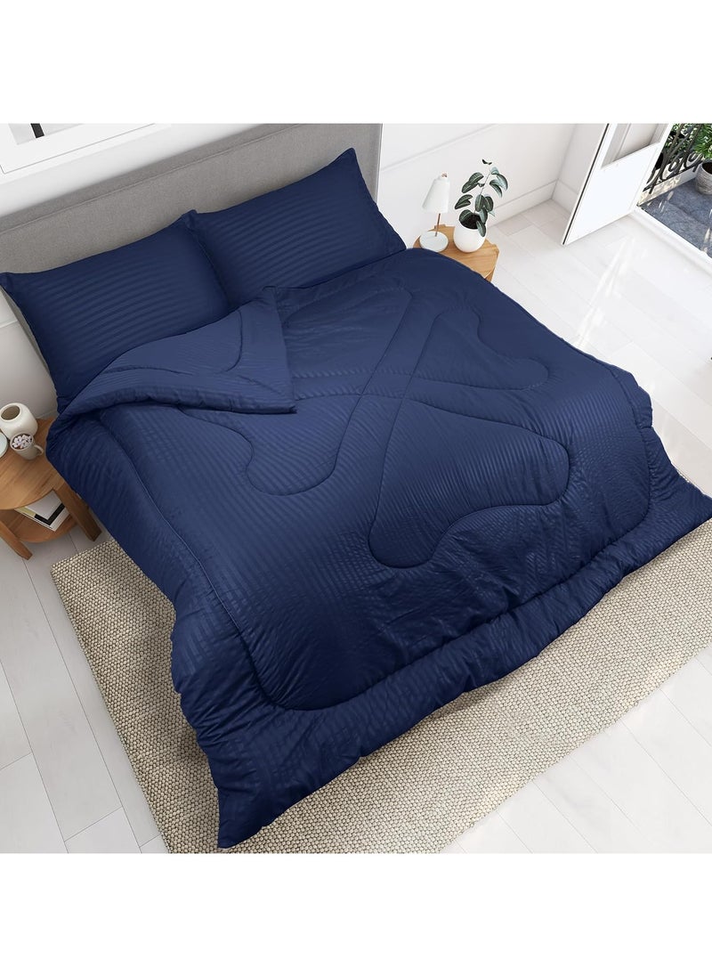 Down Alternative Comforter Set -Ultra Soft Brushed Stripe Microfiber Fabric, 200GSM Soft Fibersheet Filling, Size : Double 220 x 240cm, Color: Navy Blue