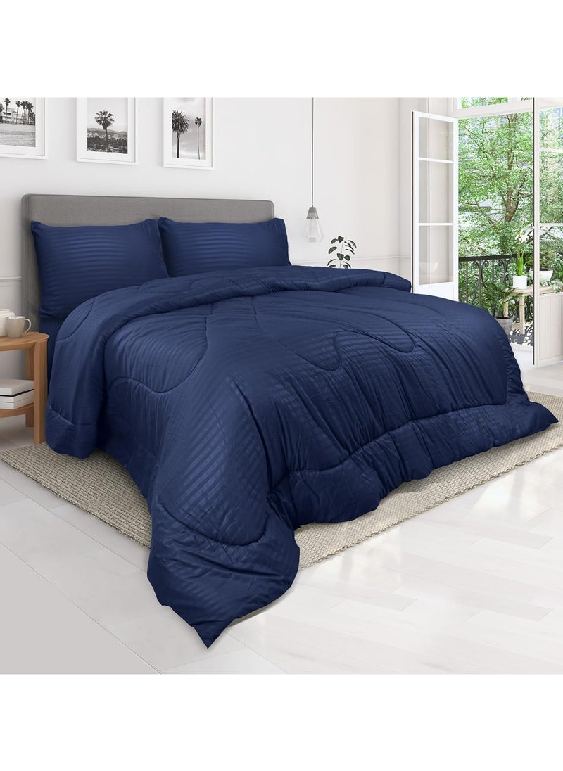 Down Alternative Comforter Set -Ultra Soft Brushed Stripe Microfiber Fabric, 200GSM Soft Fibersheet Filling, Size : Double 220 x 240cm, Color: Navy Blue