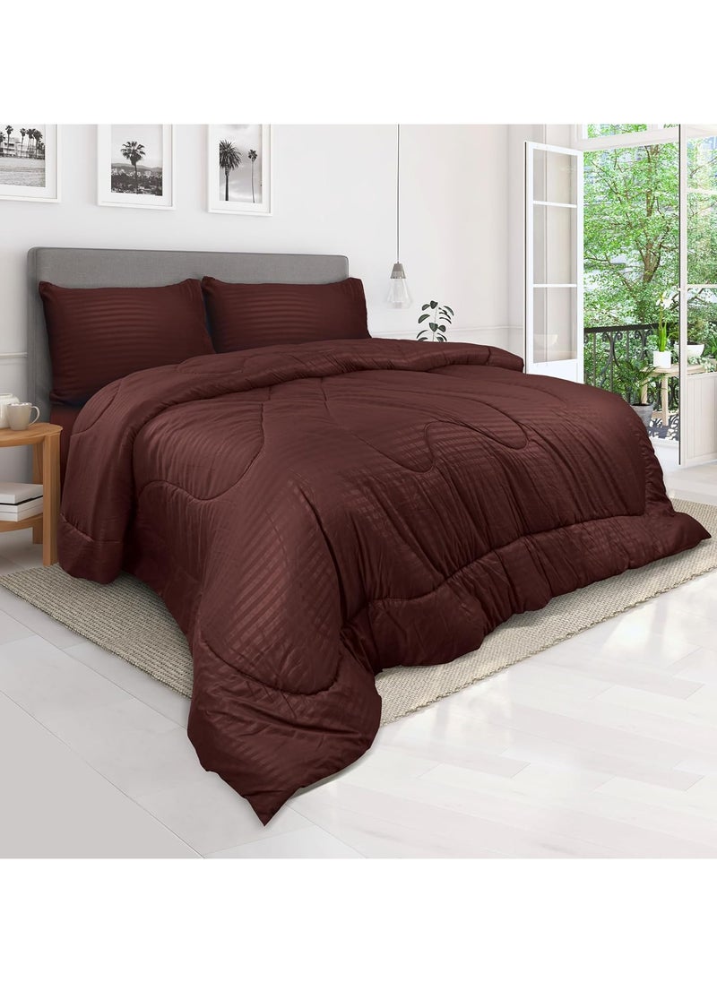 Down Alternative Comforter Set -Ultra Soft Brushed Stripe Microfiber Fabric, 200GSM Soft Fibersheet Filling, Size : Double 220 x 240cm, Color: Chocolate