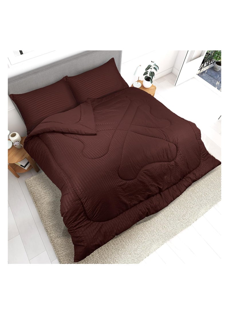 Down Alternative Comforter Set -Ultra Soft Brushed Stripe Microfiber Fabric, 200GSM Soft Fibersheet Filling, Size : Double 220 x 240cm, Color: Chocolate