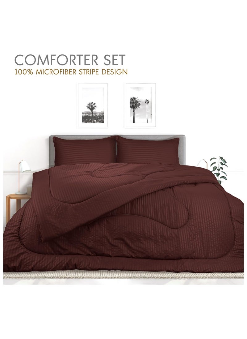 Down Alternative Comforter Set -Ultra Soft Brushed Stripe Microfiber Fabric, 200GSM Soft Fibersheet Filling, Size : Double 220 x 240cm, Color: Chocolate