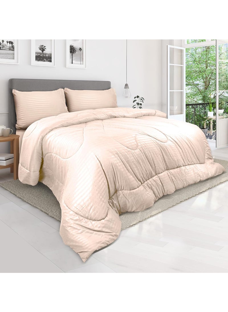 Down Alternative Comforter Set -Ultra Soft Brushed Stripe Microfiber Fabric, 200GSM Soft Fibersheet Filling, Size : Double 220 x 240cm, Color: Cream