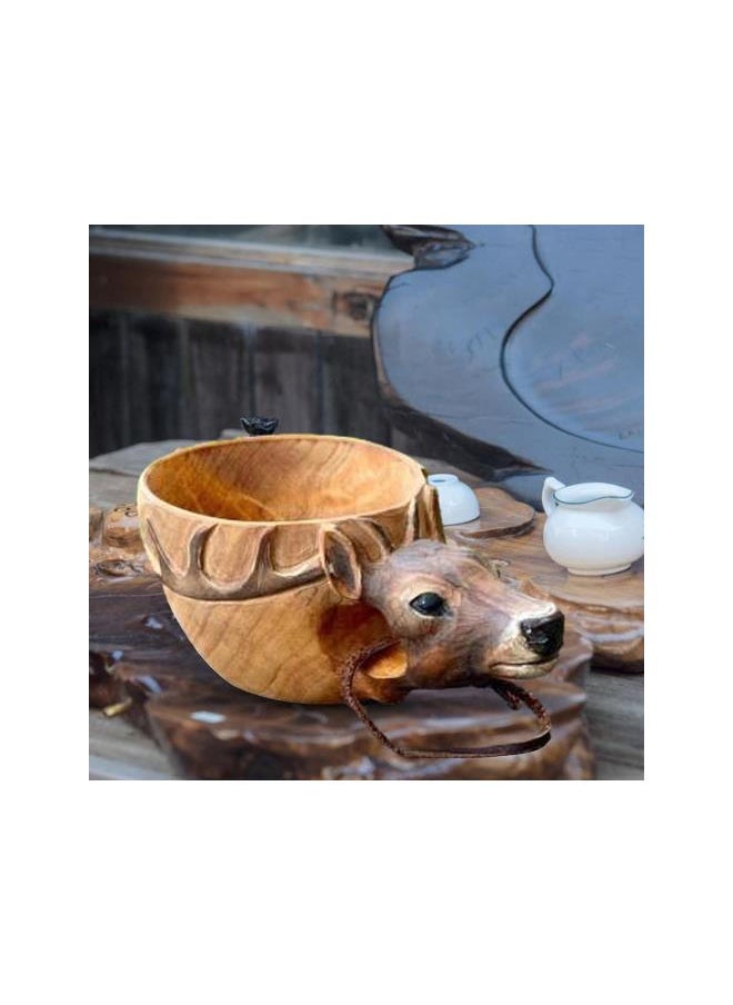 Kuksa Hand-Carved Wooden Mug, Portable Wooden Cup with Lanyard for Coffee Tea Milk Wine Tea,Animal Head Camp Mug for Travelers Outdoor Camping Jungle Craft Gift