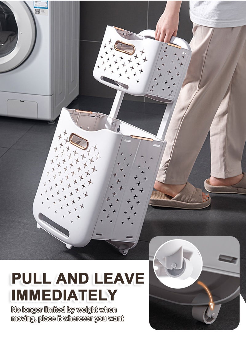 Collapsible Laundry Baskets on Wheels 2 Layers Rolling Laundry Trolley Carts Plastic Washing Hamper White Storage Bin with Handles Large Toys Clothing Organization for Bedroom, Bathroom