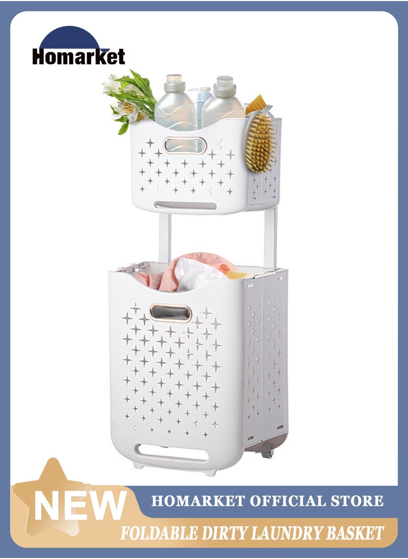 Collapsible Laundry Baskets on Wheels 2 Layers Rolling Laundry Trolley Carts Plastic Washing Hamper White Storage Bin with Handles Large Toys Clothing Organization for Bedroom, Bathroom