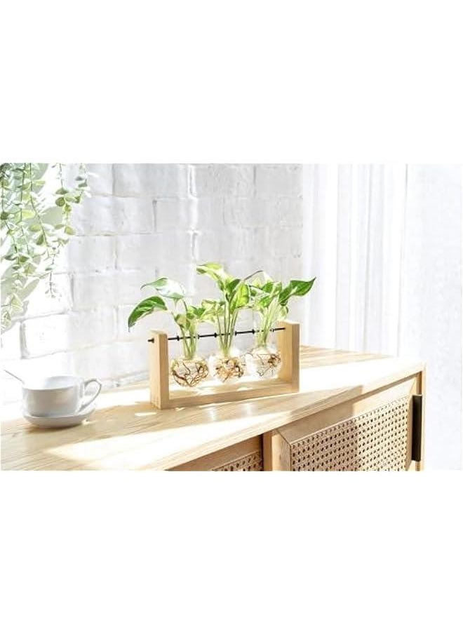 Plant Propagation Station with Wooden Stand, Wall Hanging Glass Planter Tabletop Terrarium Bulb Vase for Hydroponics Plants Home Office Decor (Beige)