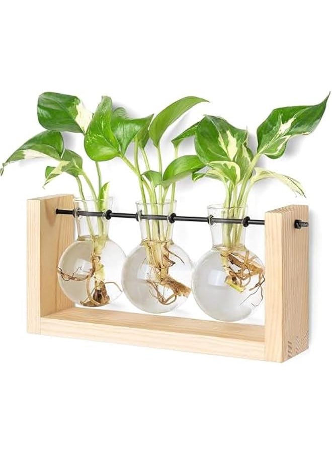 Plant Propagation Station with Wooden Stand, Wall Hanging Glass Planter Tabletop Terrarium Bulb Vase for Hydroponics Plants Home Office Decor (Beige)