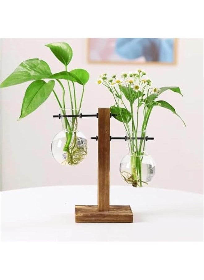 Plant Propagation Station, Plant Terrarium with Wooden Stand, Unique Gardening Birthday Gifts for Women Plant Lovers, Home Office Garden Decor Planter (13-02)