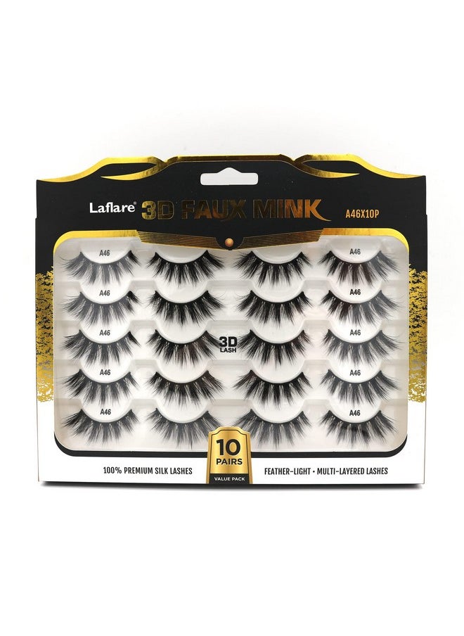 Silk Lashes 3D Faux Mink Eyelashes Multipack, Light, Natural Looking, Professional Easy To Apply Eyelashes In A Knitted Style 10 Pairs Jumbo Pack (A46X10P)