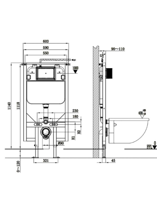 Danube Home Milano - G30034 Mechanic Concealed Cistern With Iron Frame Blue Color & Hdpe 90*91 Pipe+Zh51 90 To 110 Adaptor Without Push Plate Af016200-0006 | Iron Frame/HDPE Flush Mechanism For Toilet Bathroom Washroom