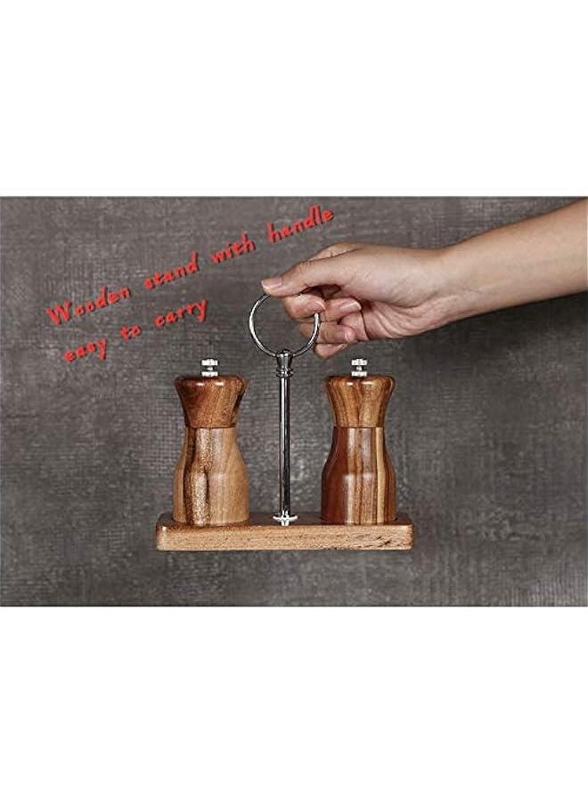 Acacia Wood Salt and Pepper Grinder Set, Manual Pepper mill, Refillable, Adjustable Coarseness Ceramic Rotor, with Wooden Stand Holder Tray