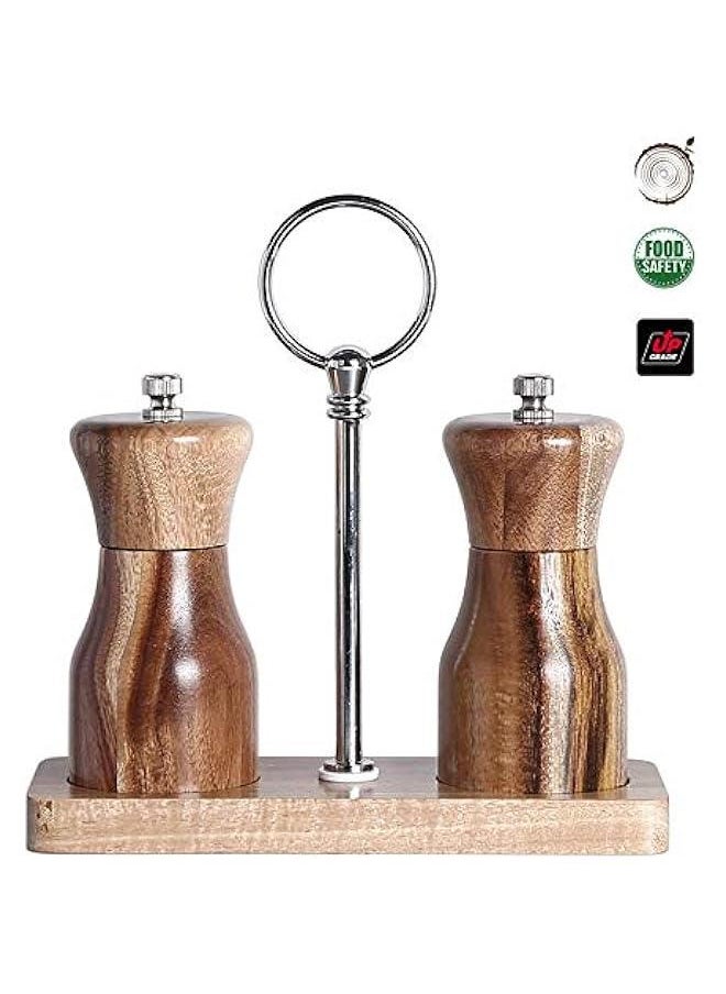 Acacia Wood Salt and Pepper Grinder Set, Manual Pepper mill, Refillable, Adjustable Coarseness Ceramic Rotor, with Wooden Stand Holder Tray