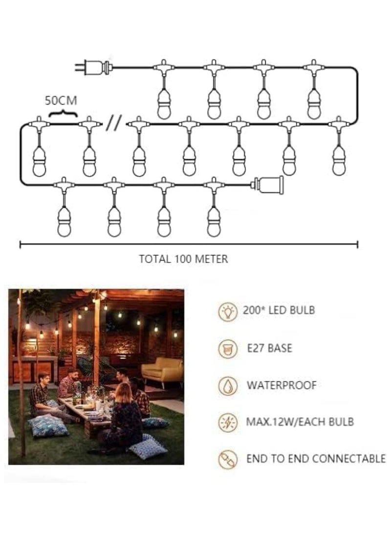 Outdoor Waterproof IP65 Led String Lights E27 Holder 100 Meter Bulb Holder Wire For 200 Bulbs Solar Bulb Holder For Ramadan Decoration Lights And Outdoor Decoration Light Hanging Light String Wire Ramadan Light For Commercial Patio Garden & Porch Yard