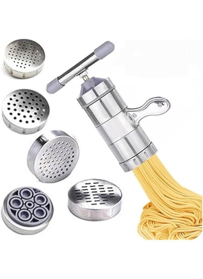 Pasta Maker, Noodle Maker with 5 Mould, Manual Pasta Maker Machine Pasta Gun Noodle Press Spaghetti Maker Pasta Tools, Stainless Steel Pasta Machine Ramen Noodle Maker